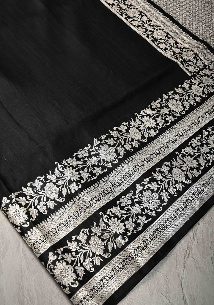 Black Mashru Silk Saree with Silver Zari Bordera and Pallu | SILK MARK CERTIFIED