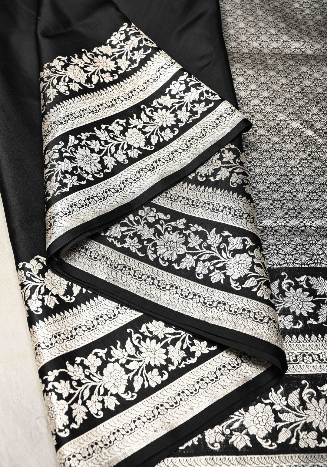 Black Mashru Silk Saree with Silver Zari Bordera and Pallu | SILK MARK CERTIFIED