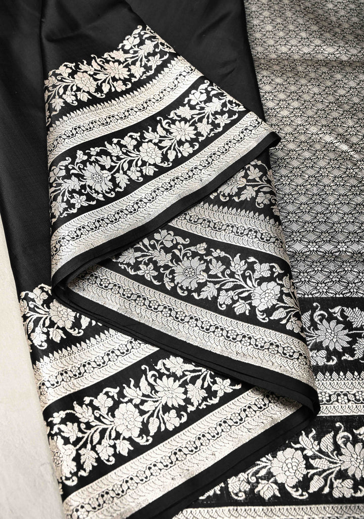 Black Mashru Silk Saree with Silver Zari Bordera and Pallu | SILK MARK CERTIFIED