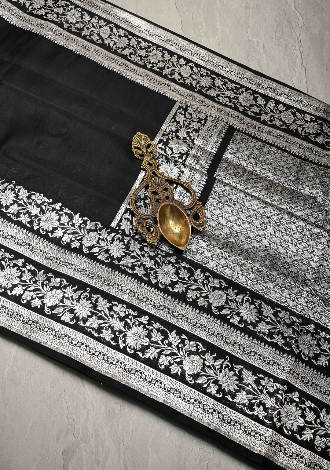 Black Mashru Silk Saree with Silver Zari Bordera and Pallu | SILK MARK CERTIFIED