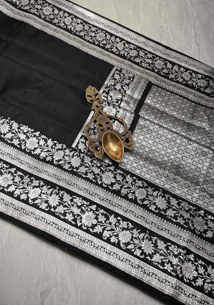 Black Mashru Silk Saree with Silver Zari Bordera and Pallu | SILK MARK CERTIFIED