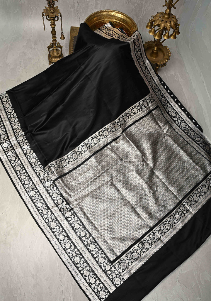 Black Mashru Silk Saree with Silver Zari Bordera and Pallu | SILK MARK CERTIFIED