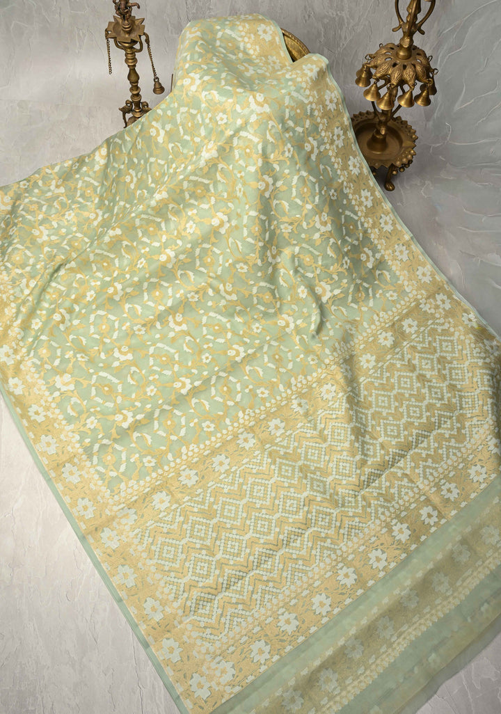 Muted Sage Banarasi Kora Silk Saree with Meenakari Brocade Jaal and Zari Border | SILK MARK CERTIFIED