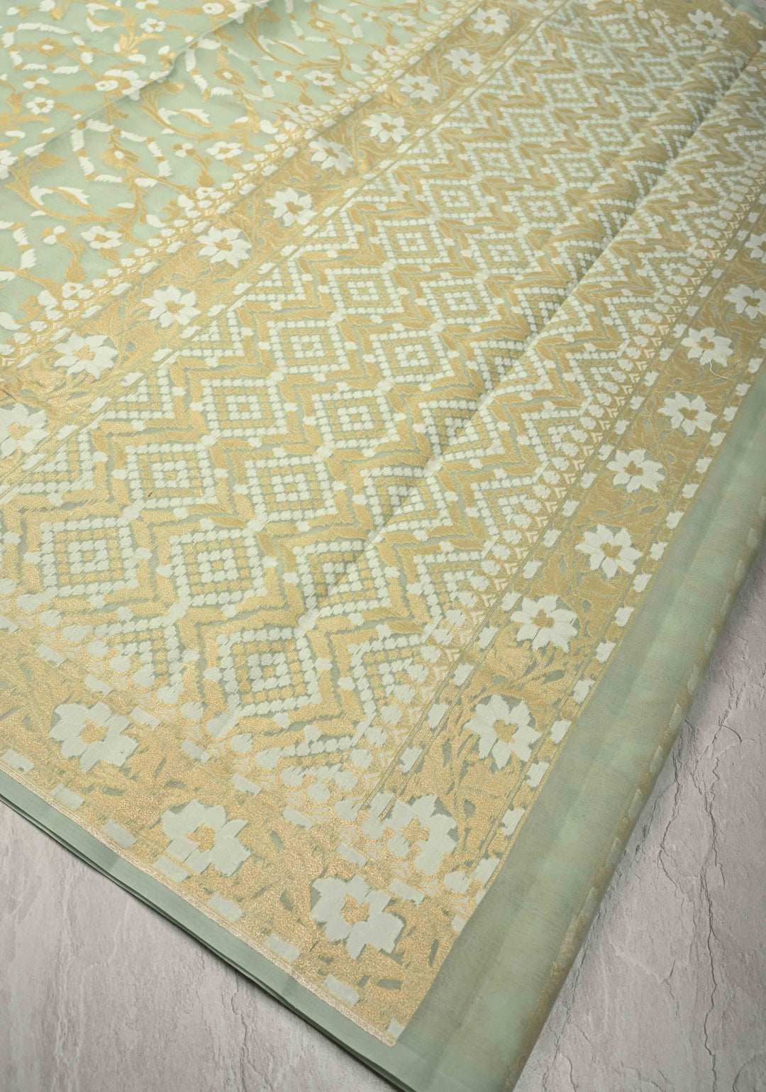 Muted Sage Banarasi Kora Silk Saree with Meenakari Brocade Jaal and Zari Border | SILK MARK CERTIFIED