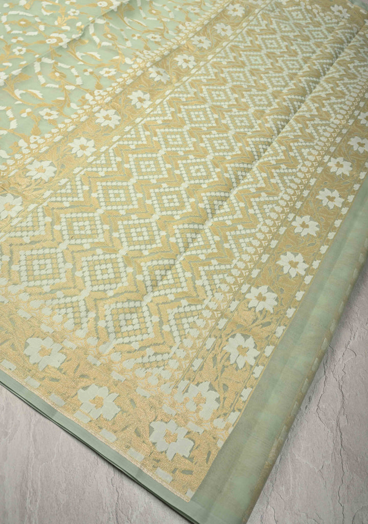 Muted Sage Banarasi Kora Silk Saree with Meenakari Brocade Jaal and Zari Border | SILK MARK CERTIFIED