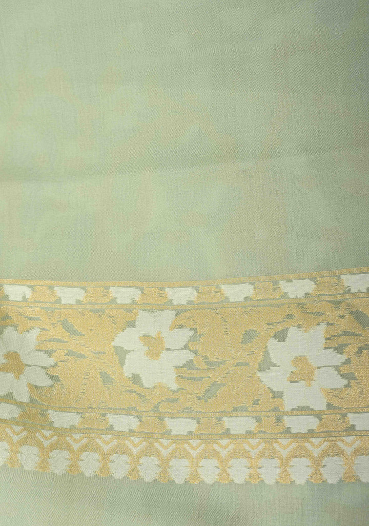 Muted Sage Banarasi Kora Silk Saree with Meenakari Brocade Jaal and Zari Border | SILK MARK CERTIFIED