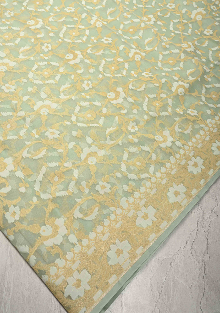 Muted Sage Banarasi Kora Silk Saree with Meenakari Brocade Jaal and Zari Border | SILK MARK CERTIFIED