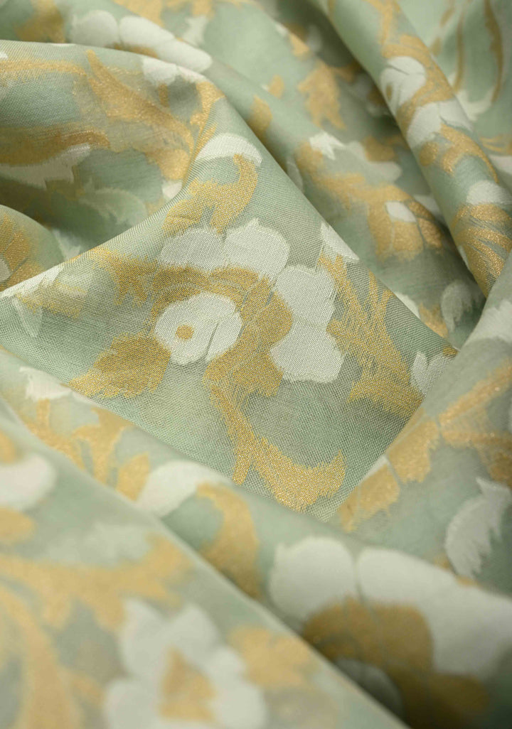 Muted Sage Banarasi Kora Silk Saree with Meenakari Brocade Jaal and Zari Border | SILK MARK CERTIFIED