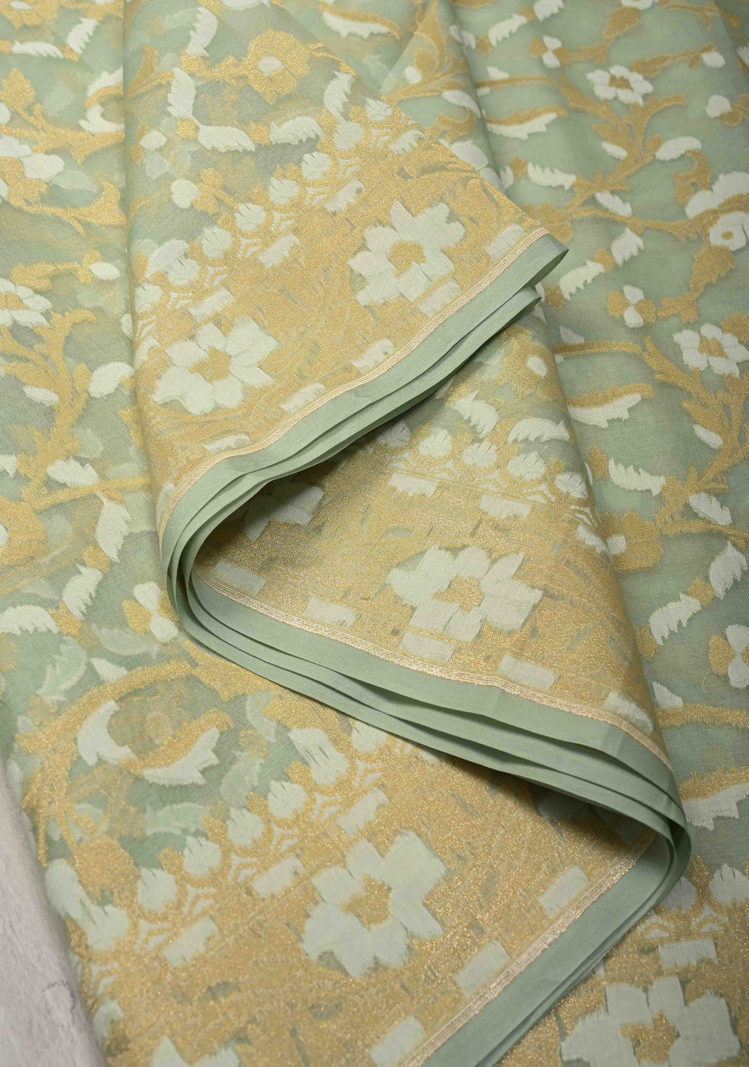 Muted Sage Banarasi Kora Silk Saree with Meenakari Brocade Jaal and Zari Border | SILK MARK CERTIFIED