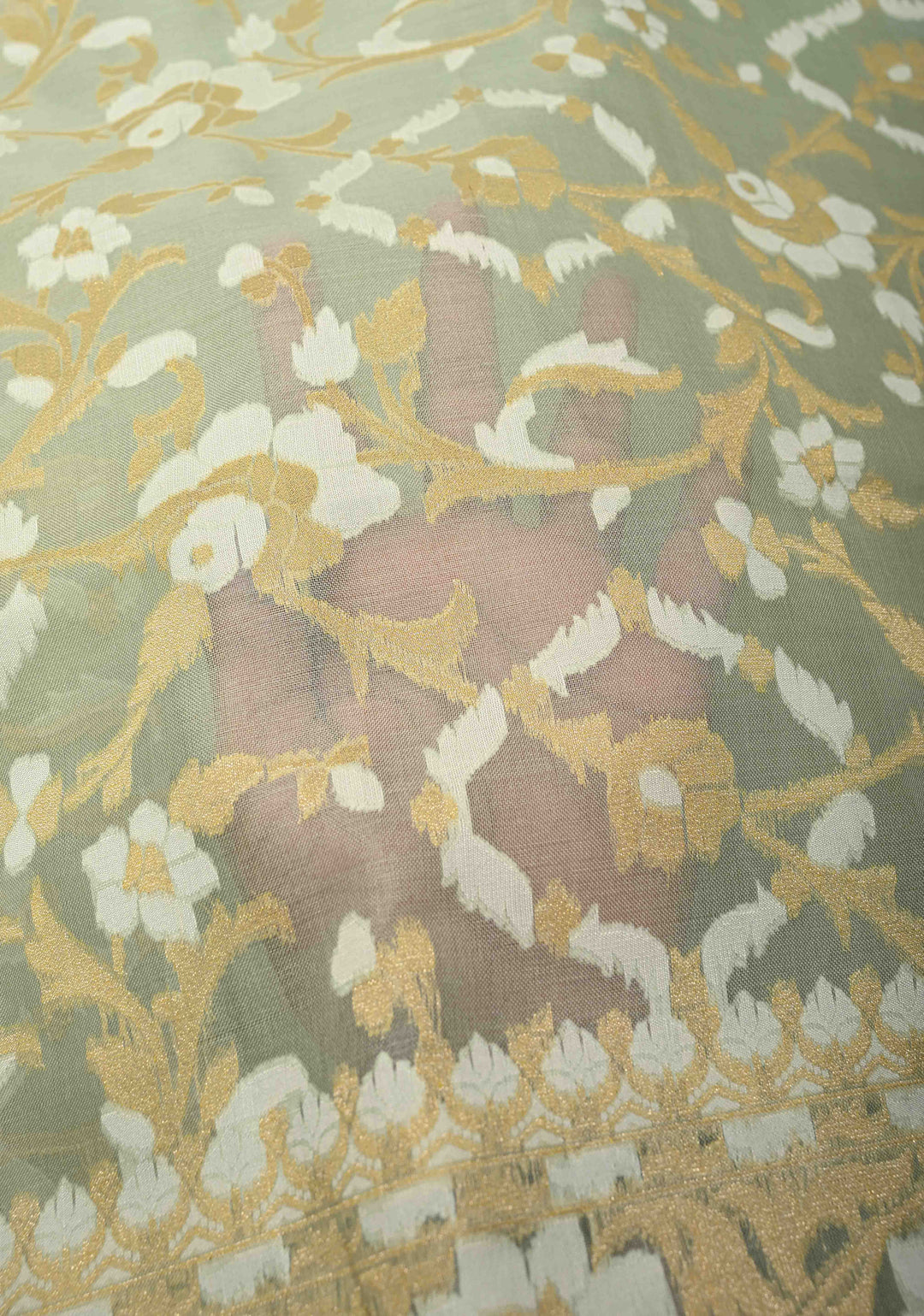 Muted Sage Banarasi Kora Silk Saree with Meenakari Brocade Jaal and Zari Border | SILK MARK CERTIFIED