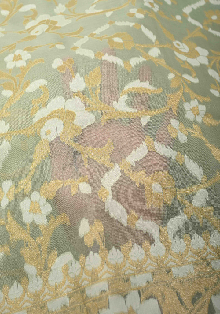 Muted Sage Banarasi Kora Silk Saree with Meenakari Brocade Jaal and Zari Border | SILK MARK CERTIFIED