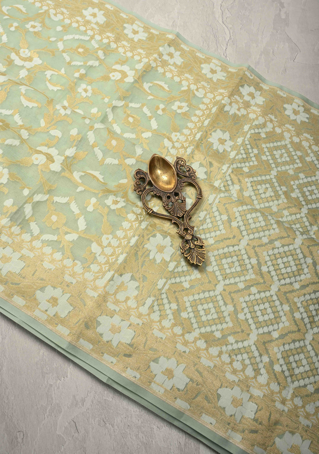 Muted Sage Banarasi Kora Silk Saree with Meenakari Brocade Jaal and Zari Border | SILK MARK CERTIFIED