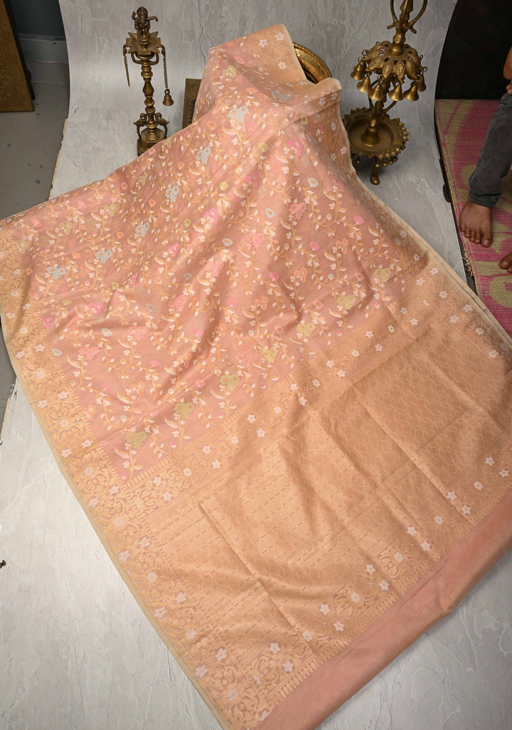 Light Peach Banarasi Kora Silk Saree withl Meenakari Brocade Jaal and Zari Border | SILK MARK CERTIFIED