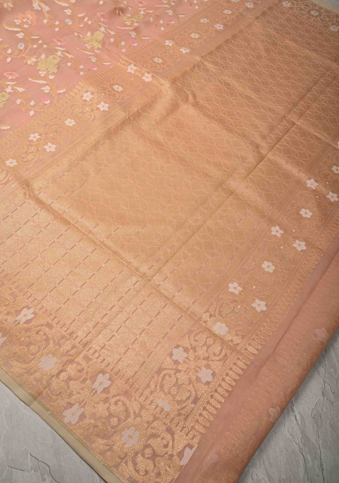 Light Peach Banarasi Kora Silk Saree withl Meenakari Brocade Jaal and Zari Border | SILK MARK CERTIFIED