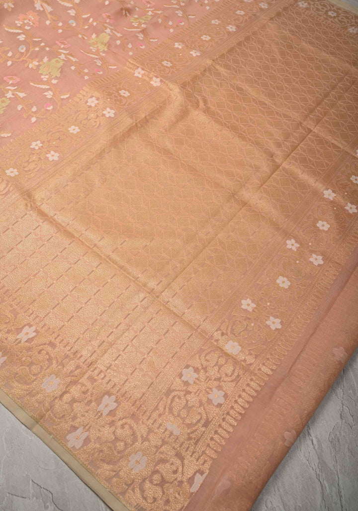Light Peach Banarasi Kora Silk Saree withl Meenakari Brocade Jaal and Zari Border | SILK MARK CERTIFIED
