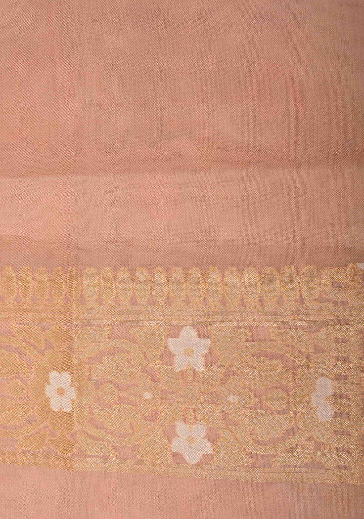 Light Peach Banarasi Kora Silk Saree withl Meenakari Brocade Jaal and Zari Border | SILK MARK CERTIFIED