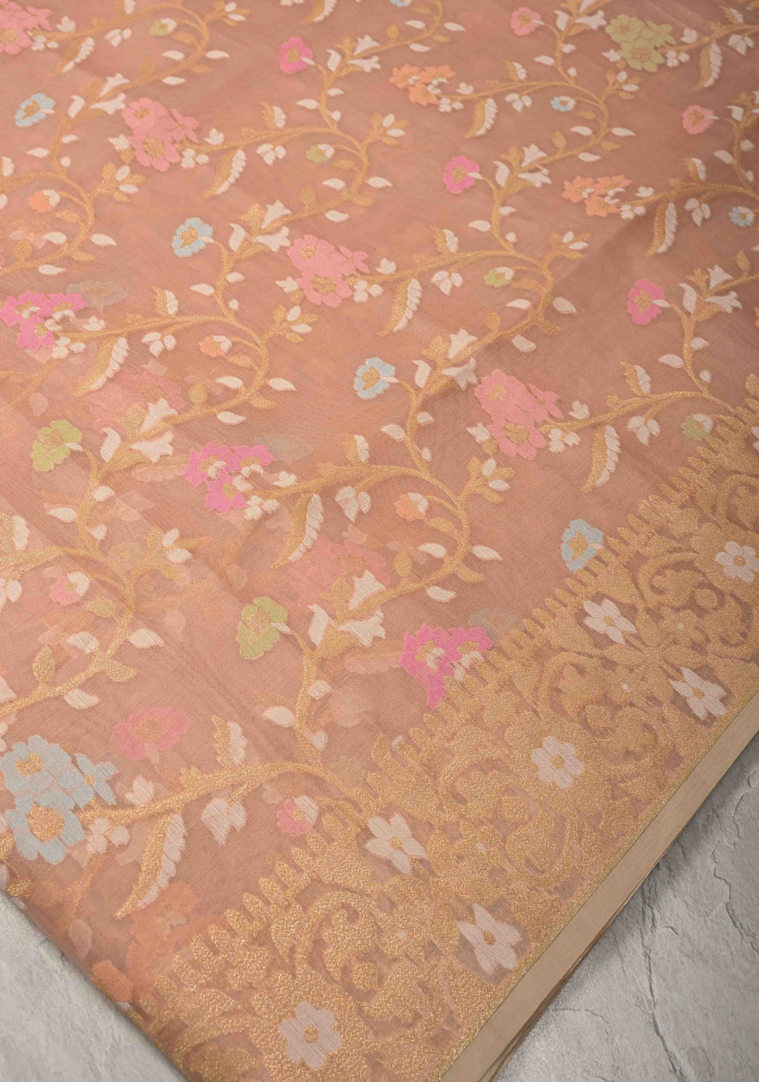 Light Peach Banarasi Kora Silk Saree withl Meenakari Brocade Jaal and Zari Border | SILK MARK CERTIFIED