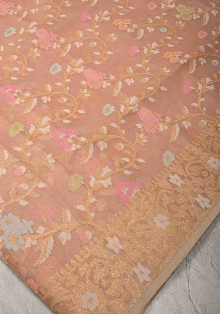 Light Peach Banarasi Kora Silk Saree withl Meenakari Brocade Jaal and Zari Border | SILK MARK CERTIFIED