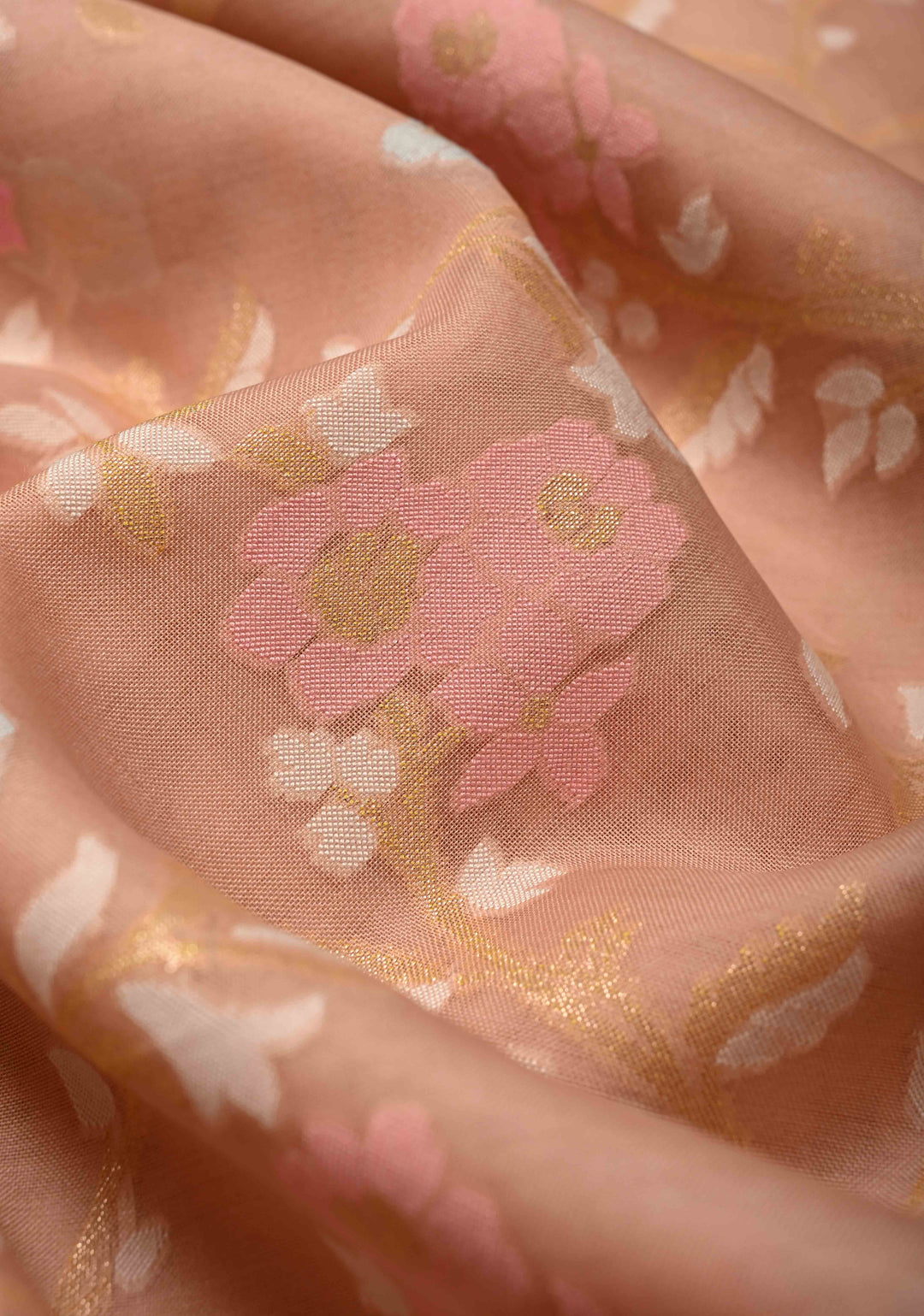 Light Peach Banarasi Kora Silk Saree withl Meenakari Brocade Jaal and Zari Border | SILK MARK CERTIFIED