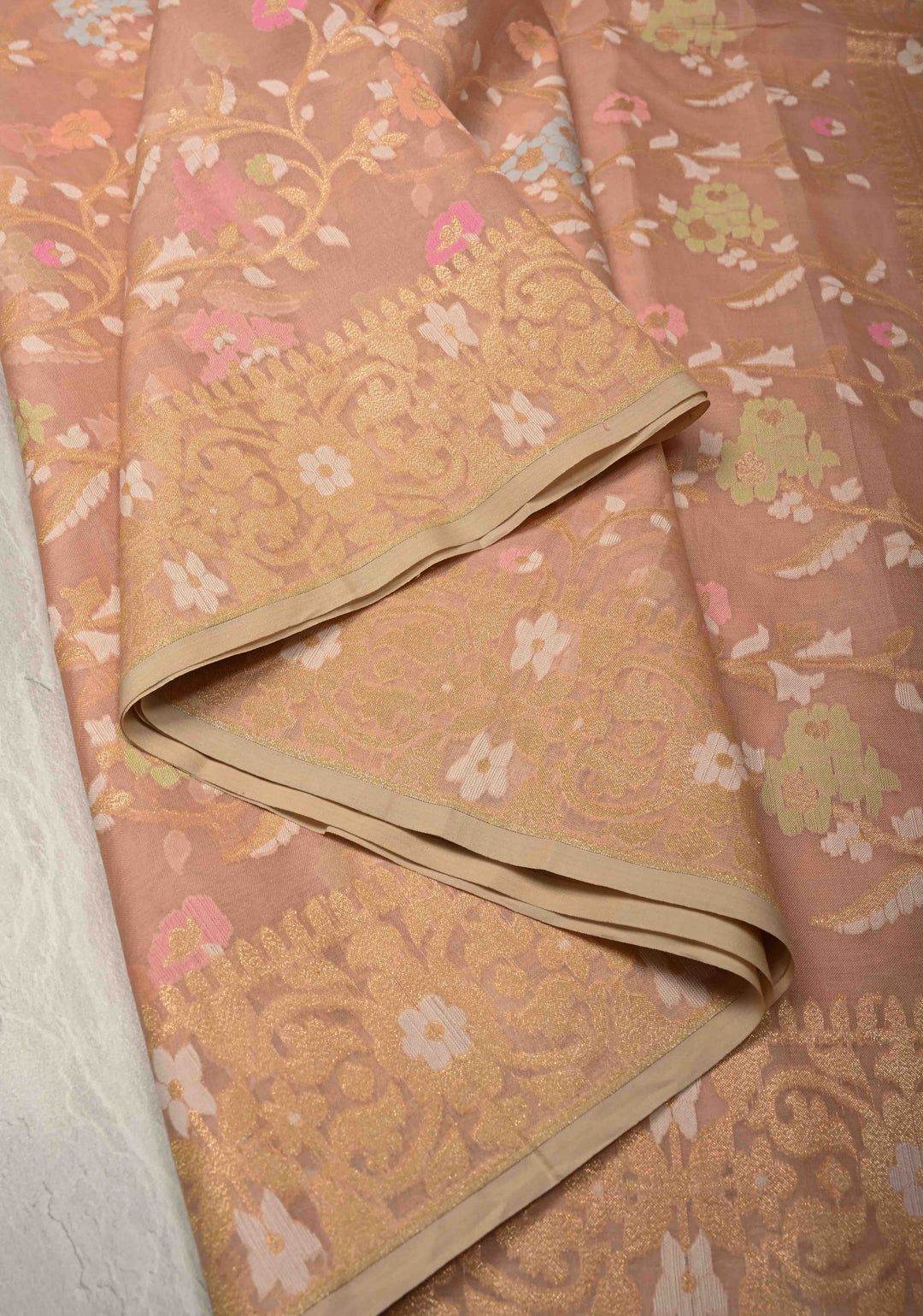 Light Peach Banarasi Kora Silk Saree withl Meenakari Brocade Jaal and Zari Border | SILK MARK CERTIFIED