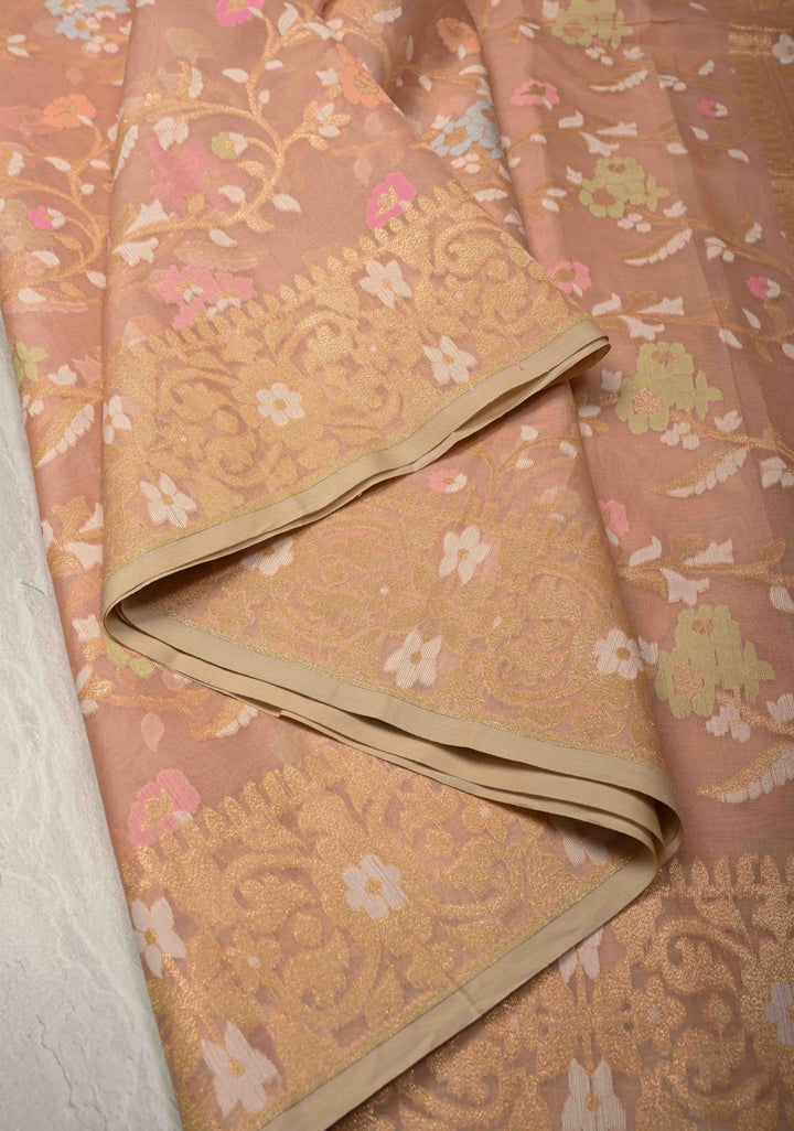 Light Peach Banarasi Kora Silk Saree withl Meenakari Brocade Jaal and Zari Border | SILK MARK CERTIFIED