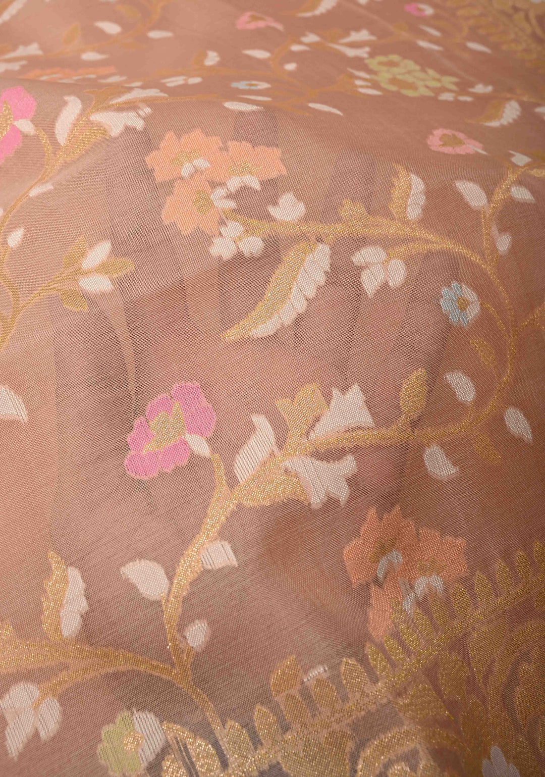 Light Peach Banarasi Kora Silk Saree withl Meenakari Brocade Jaal and Zari Border | SILK MARK CERTIFIED