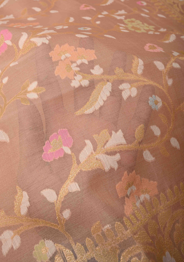 Light Peach Banarasi Kora Silk Saree withl Meenakari Brocade Jaal and Zari Border | SILK MARK CERTIFIED