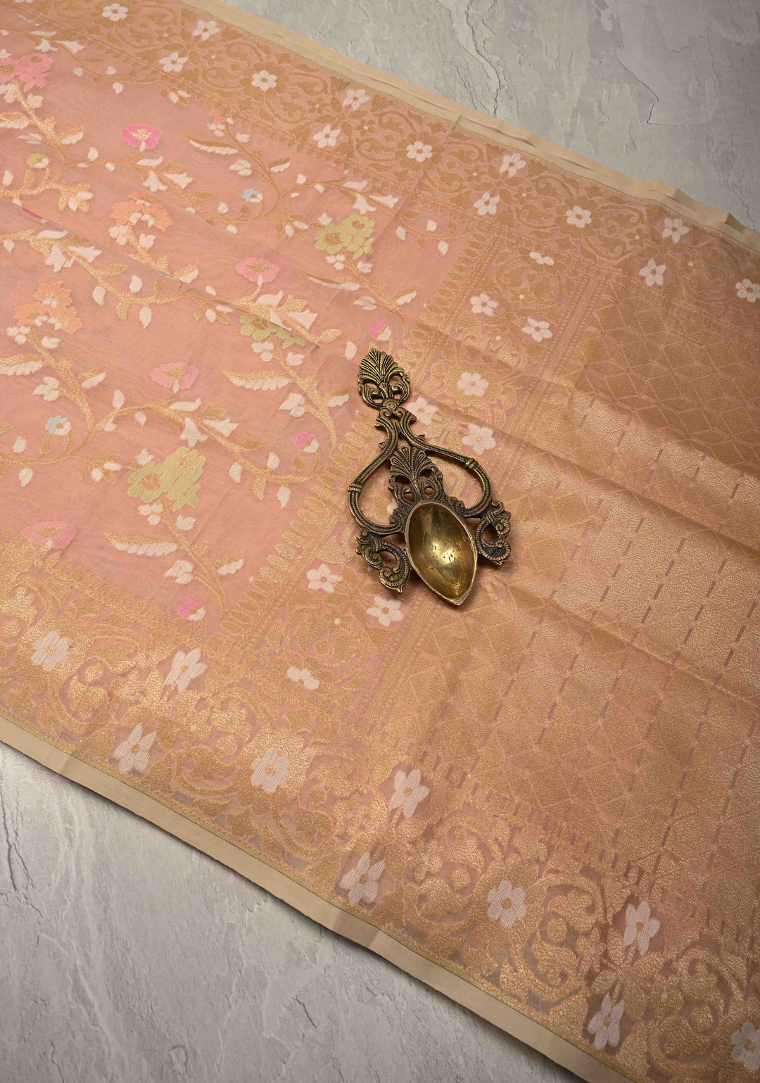 Light Peach Banarasi Kora Silk Saree withl Meenakari Brocade Jaal and Zari Border | SILK MARK CERTIFIED