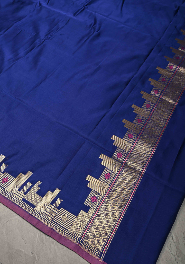 Ink Blue  Mashru Silk Saree with Zari skyline Border | SILK MARK CERTIFIED
