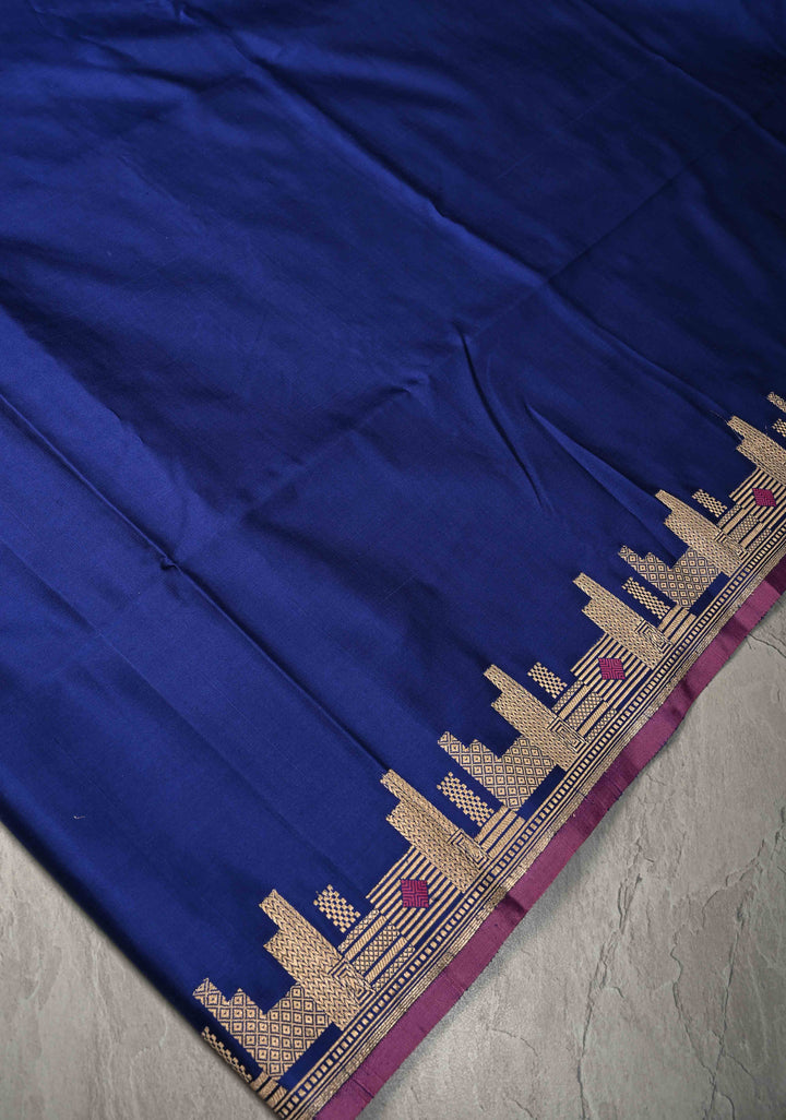 Ink Blue  Mashru Silk Saree with Zari skyline Border | SILK MARK CERTIFIED