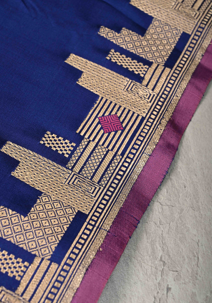 Ink Blue  Mashru Silk Saree with Zari skyline Border | SILK MARK CERTIFIED