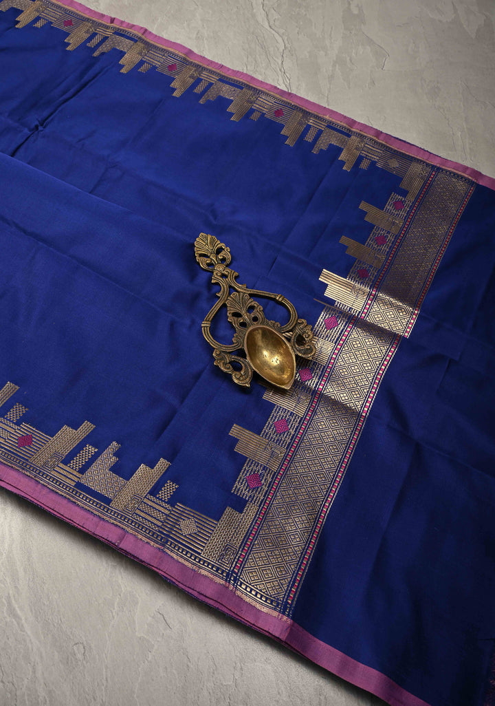 Ink Blue  Mashru Silk Saree with Zari skyline Border | SILK MARK CERTIFIED