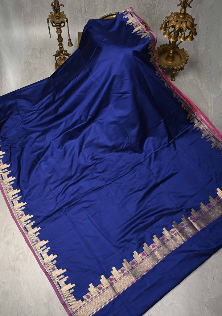 Ink Blue  Mashru Silk Saree with Zari skyline Border | SILK MARK CERTIFIED