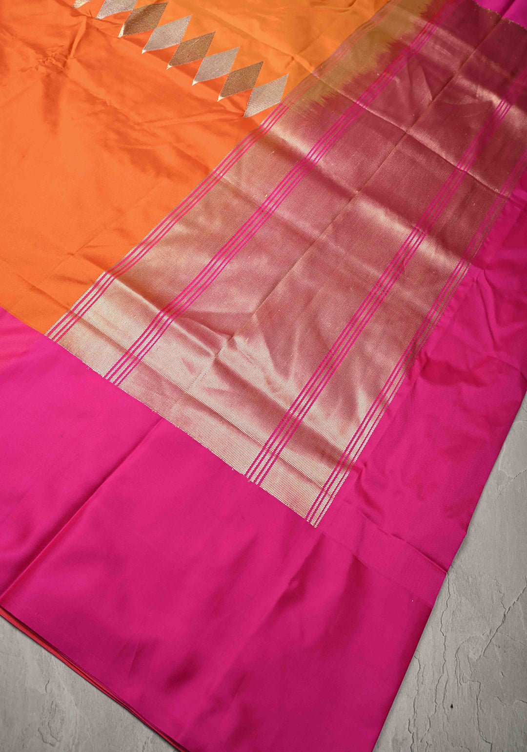 Mustard Yellow-Orange Banarasi Katan Silk Saree with Sona Rupa Geometric Panel and Contrast Satin Border | SILK MARK CERTIFIED