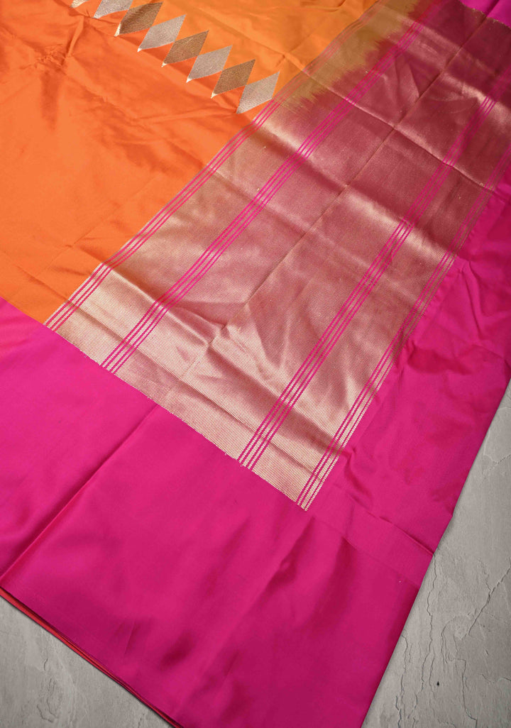 Mustard Yellow-Orange Banarasi Katan Silk Saree with Sona Rupa Geometric Panel and Contrast Satin Border | SILK MARK CERTIFIED