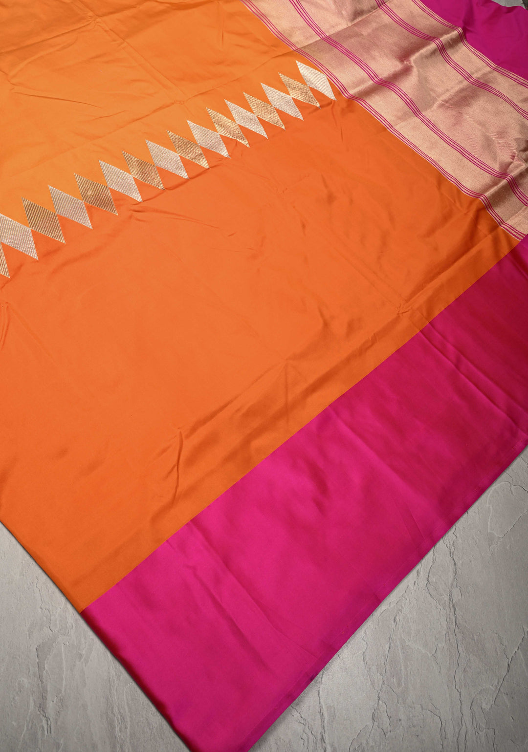 Mustard Yellow-Orange Banarasi Katan Silk Saree with Sona Rupa Geometric Panel and Contrast Satin Border | SILK MARK CERTIFIED