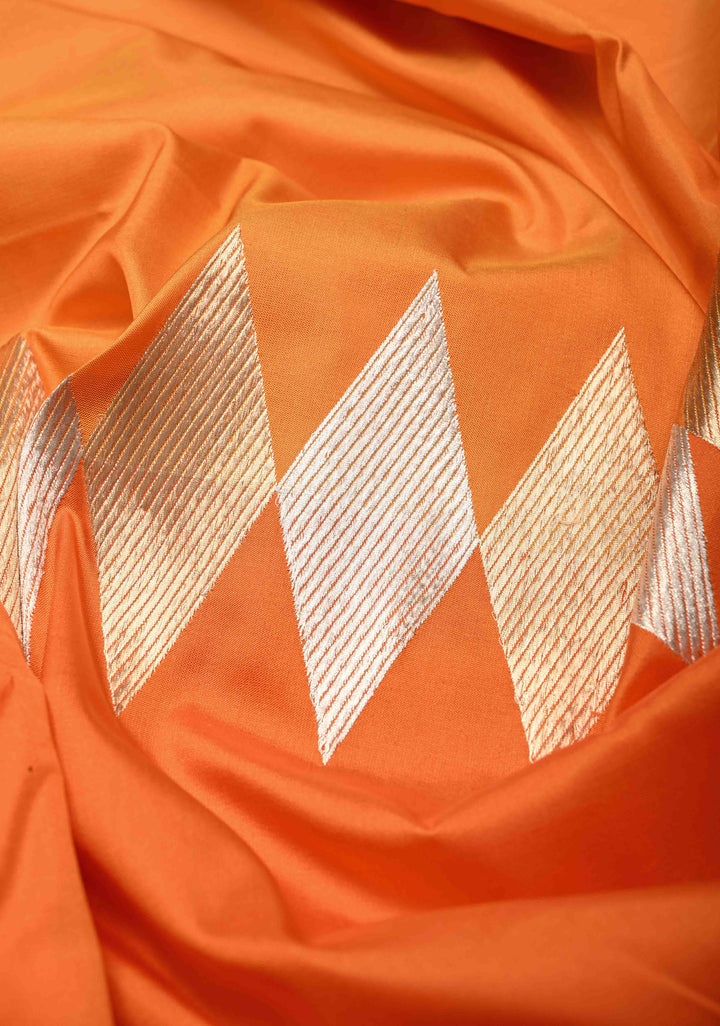 Mustard Yellow-Orange Banarasi Katan Silk Saree with Sona Rupa Geometric Panel and Contrast Satin Border | SILK MARK CERTIFIED
