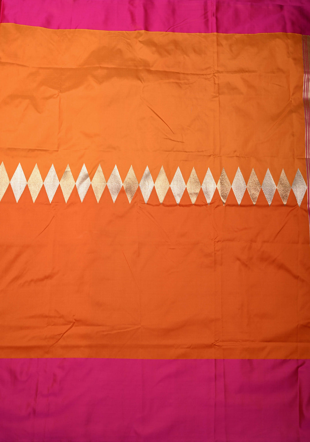 Mustard Yellow-Orange Banarasi Katan Silk Saree with Sona Rupa Geometric Panel and Contrast Satin Border | SILK MARK CERTIFIED