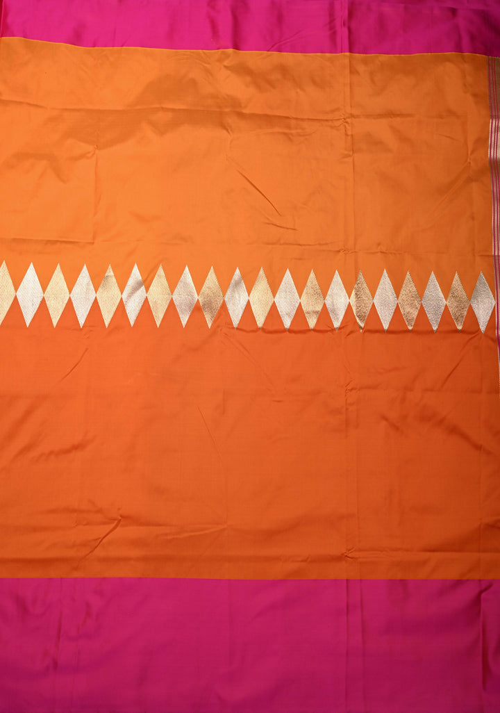 Mustard Yellow-Orange Banarasi Katan Silk Saree with Sona Rupa Geometric Panel and Contrast Satin Border | SILK MARK CERTIFIED