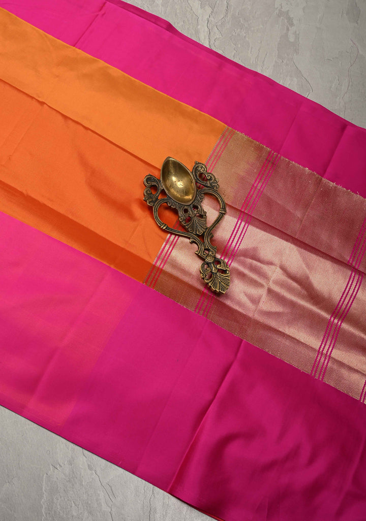 Mustard Yellow-Orange Banarasi Katan Silk Saree with Sona Rupa Geometric Panel and Contrast Satin Border | SILK MARK CERTIFIED