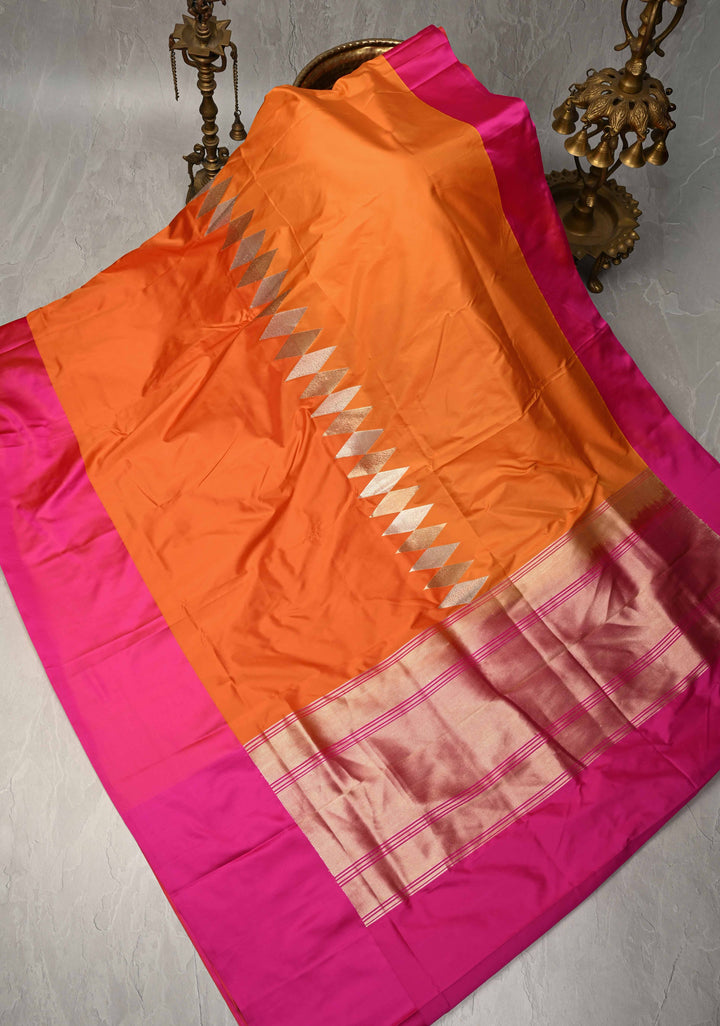 Mustard Yellow-Orange Banarasi Katan Silk Saree with Sona Rupa Geometric Panel and Contrast Satin Border | SILK MARK CERTIFIED