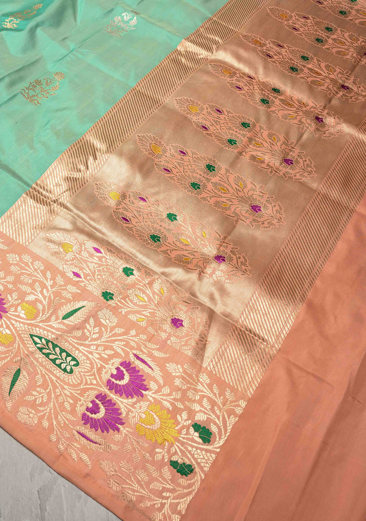 Medium Sea Green Banarasi Katan Tissue Silk Saree with Floral Zari buttas and Contrst Meenakari  Zari Border | SILK MARK CERTIFIED