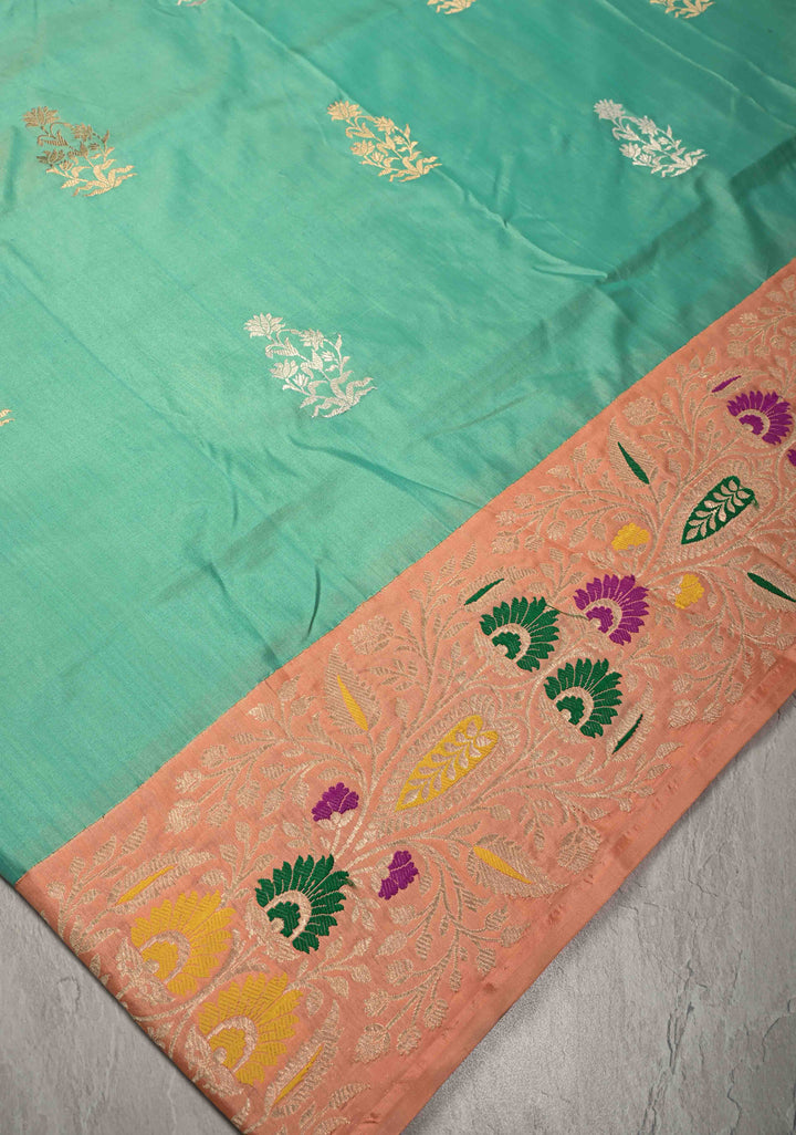 Medium Sea Green Banarasi Katan Tissue Silk Saree with Floral Zari buttas and Contrst Meenakari  Zari Border | SILK MARK CERTIFIED