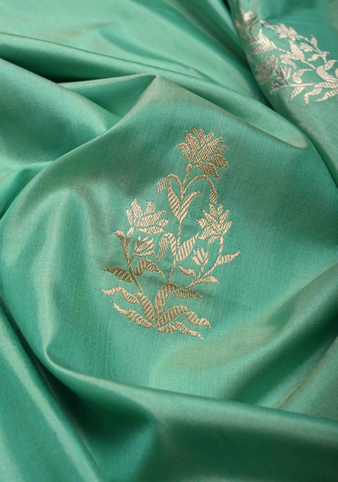 Medium Sea Green Banarasi Katan Tissue Silk Saree with Floral Zari buttas and Contrst Meenakari  Zari Border | SILK MARK CERTIFIED