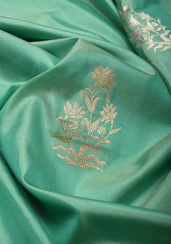Medium Sea Green Banarasi Katan Tissue Silk Saree with Floral Zari buttas and Contrst Meenakari  Zari Border | SILK MARK CERTIFIED