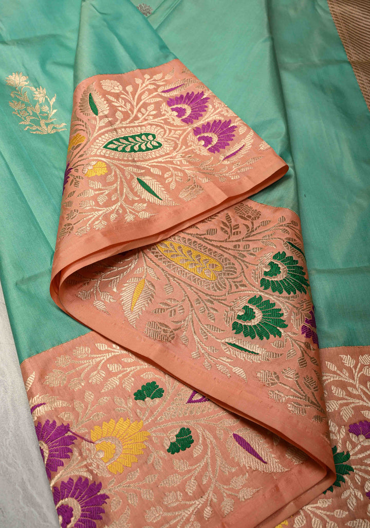 Medium Sea Green Banarasi Katan Tissue Silk Saree with Floral Zari buttas and Contrst Meenakari  Zari Border | SILK MARK CERTIFIED