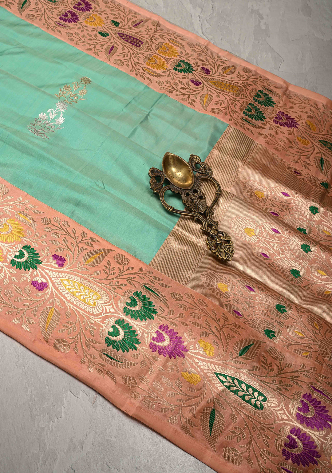 Medium Sea Green Banarasi Katan Tissue Silk Saree with Floral Zari buttas and Contrst Meenakari  Zari Border | SILK MARK CERTIFIED