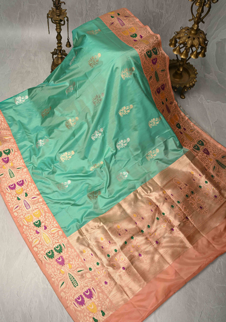 Medium Sea Green Banarasi Katan Tissue Silk Saree with Floral Zari buttas and Contrst Meenakari  Zari Border | SILK MARK CERTIFIED