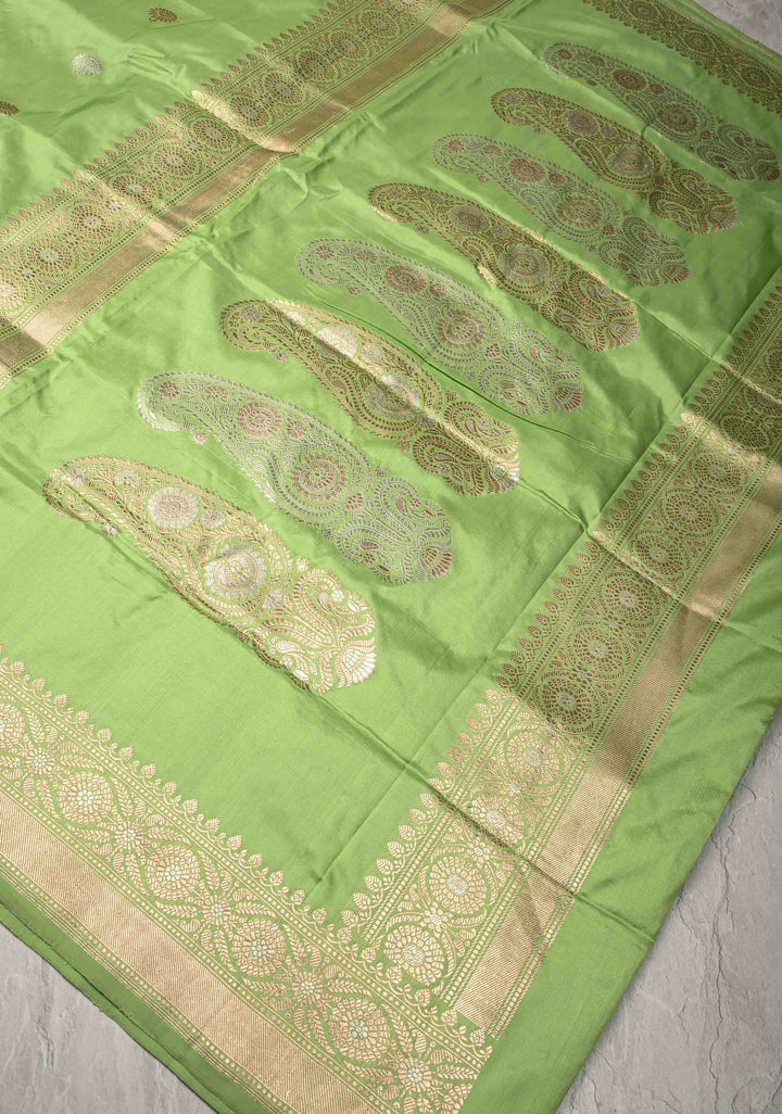 Pista Green Banarasi Katan Silk Saree with Sona Rupa Floral Buttas and Alfi Border | SILK MARK CERTIFIED