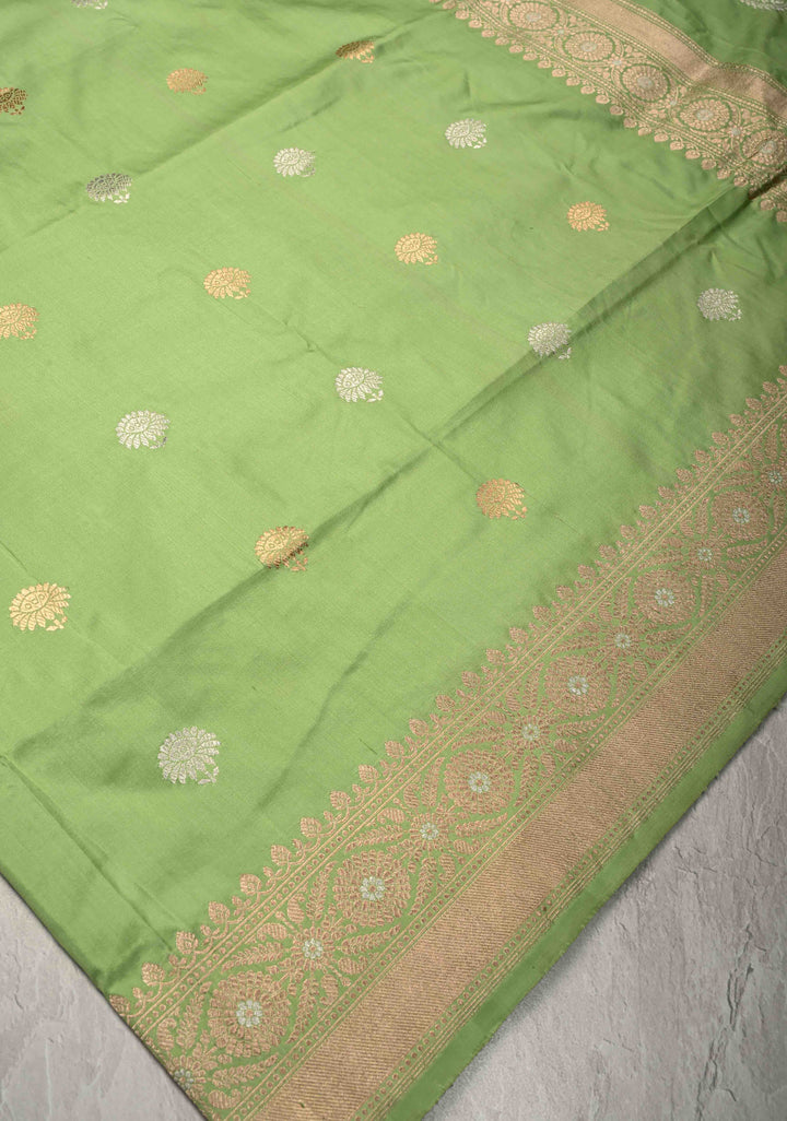 Pista Green Banarasi Katan Silk Saree with Sona Rupa Floral Buttas and Alfi Border | SILK MARK CERTIFIED
